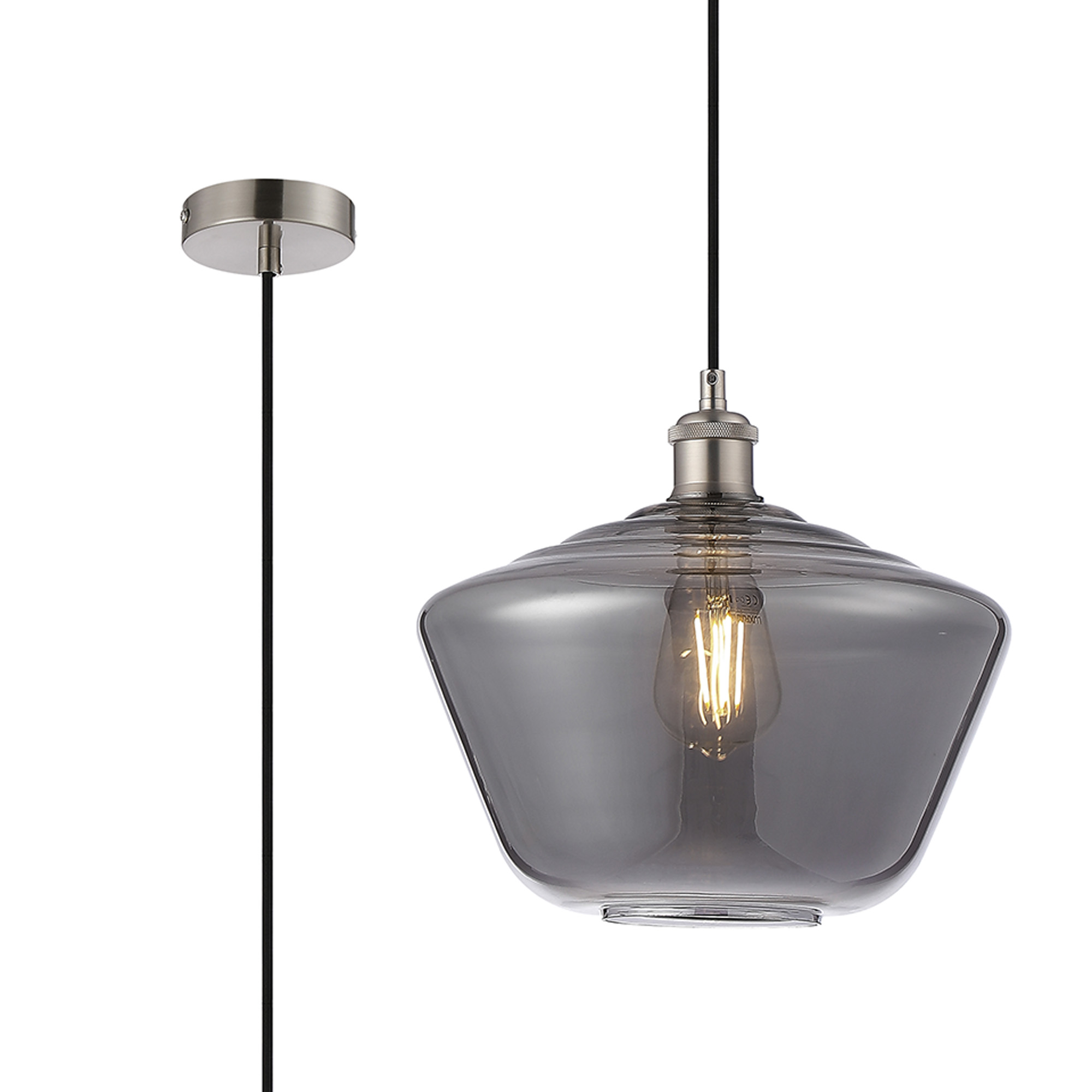 Cawdor Single Pendant, 1 Light E27, Satin Nickel/Black/Smoke Hexagonal Glass